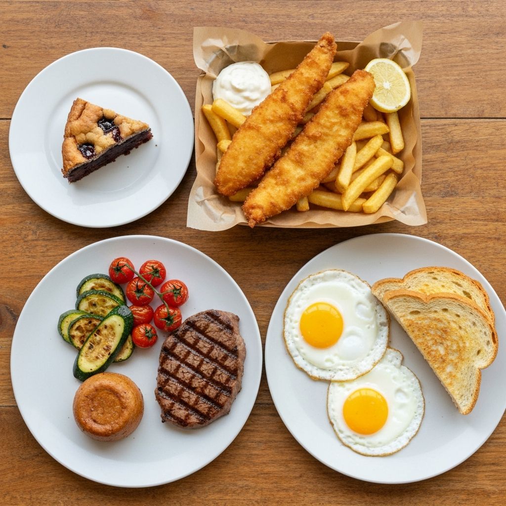 Selection of café food including fish and chips, steak, breakfast plate and homemade cake